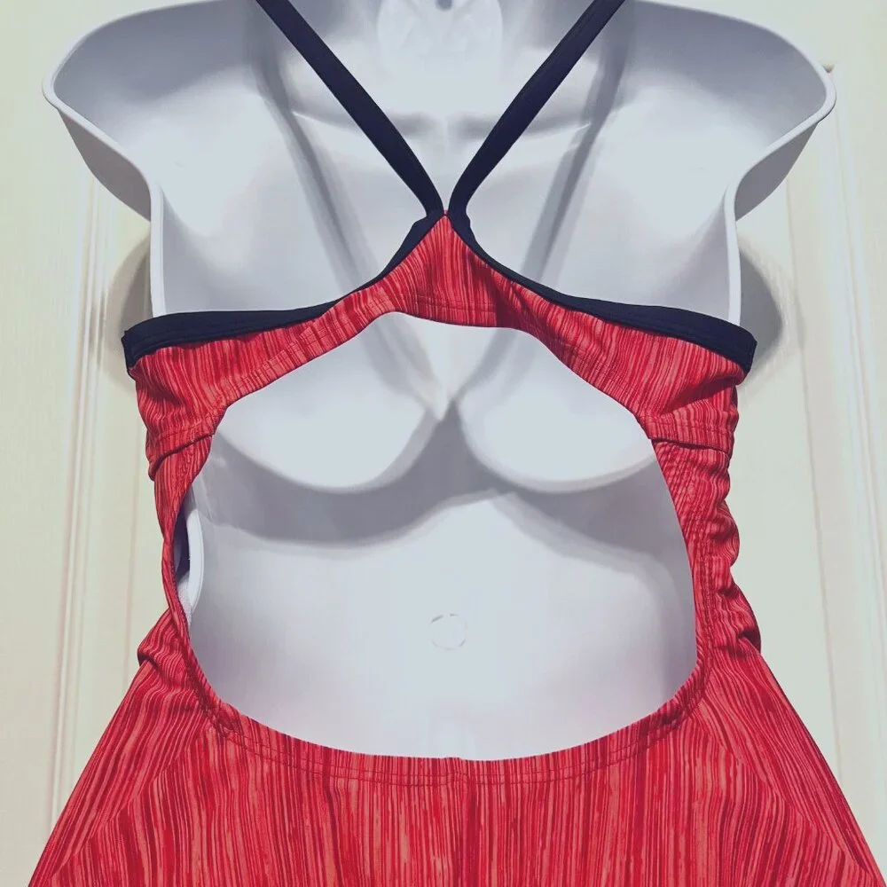 Nike Razorback Women's One Piece Swimsuit-Coral/Red/Navy Blue-Size Large-Beach